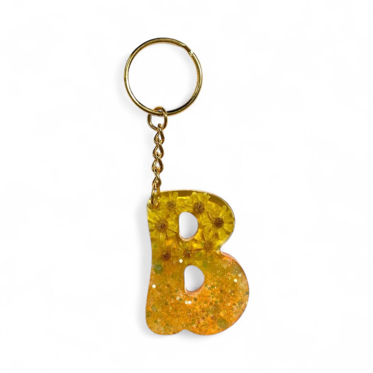 Resin Initial Keychain B - Dried Flowers Glitter