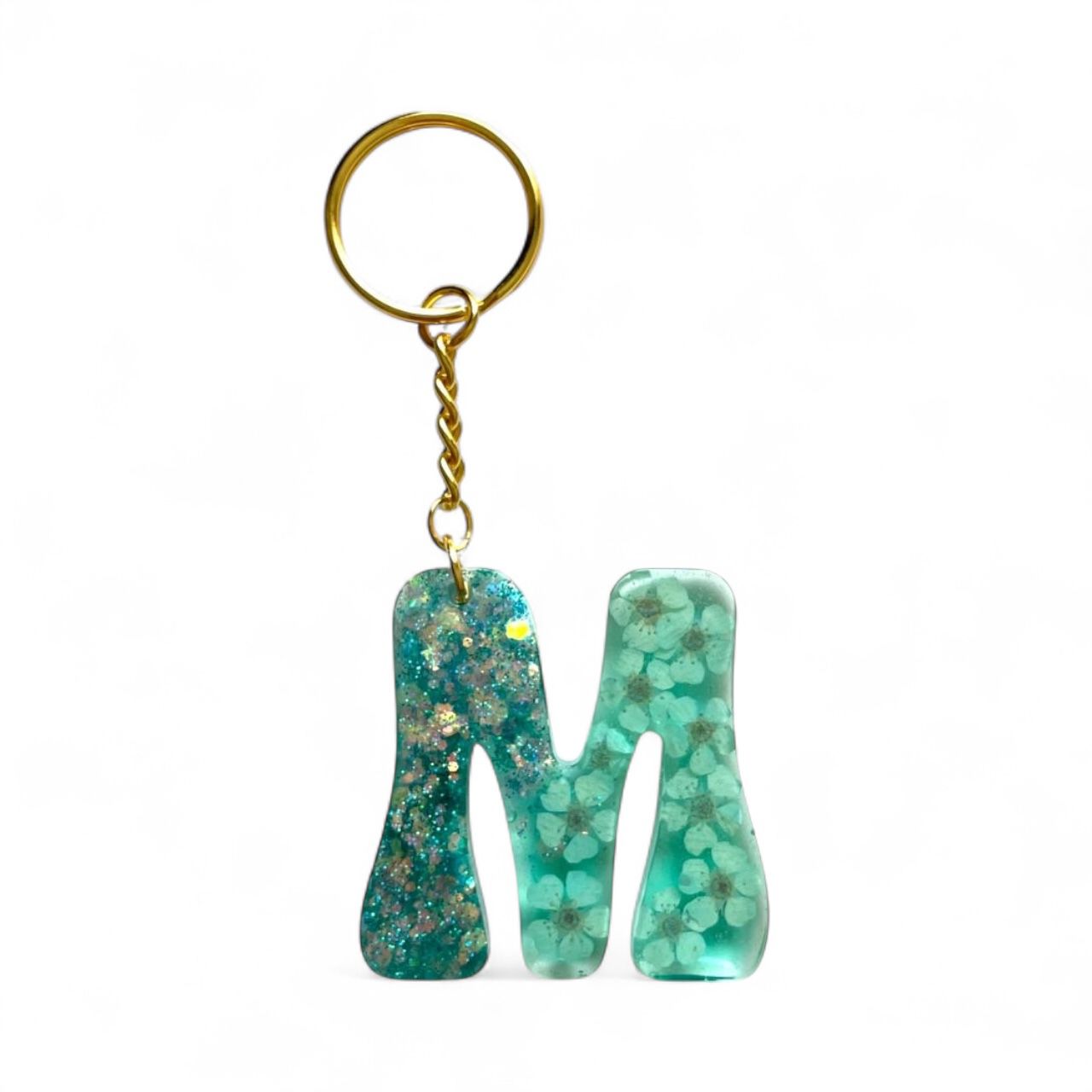 Resin Initial Keychain M – Glitter Sequins
