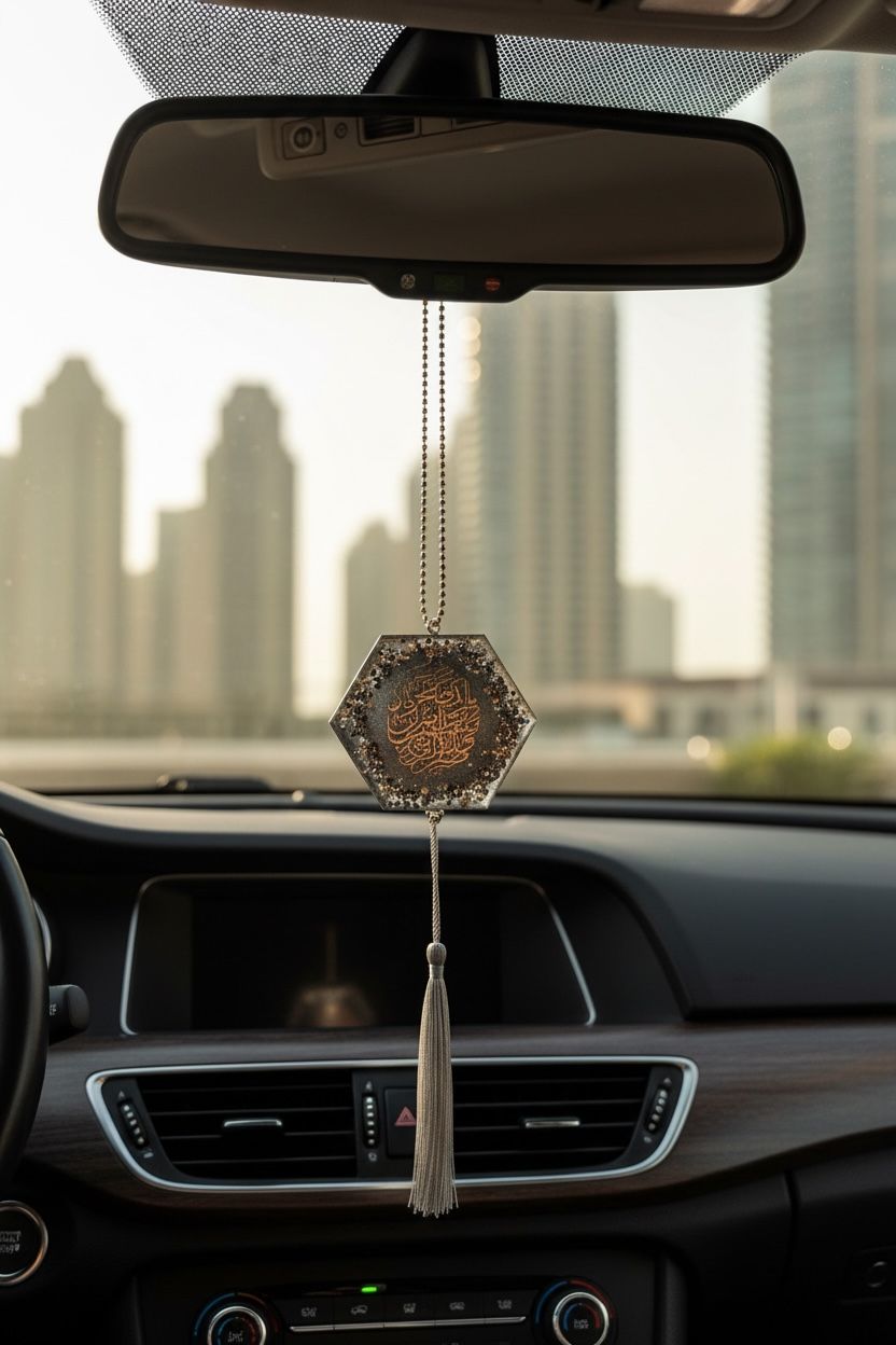 Grey Resin Car Mirror Hanging - Hexagonal